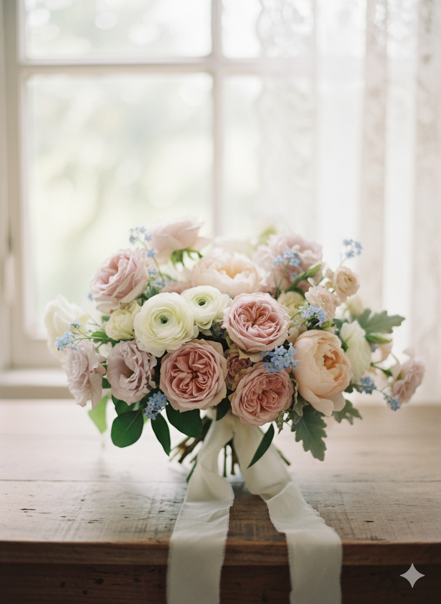 Romantisk buket med blide pastellfarver